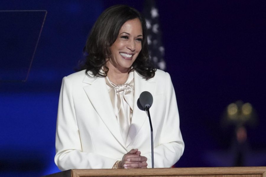 Vice president-elect Kamala Harris smiles at the crowd gathered to celebrate Joseph R. Biden’s projected victory. Harris made history as the first woman, African-American and Asian to become Vice President on Jan. 20. Photo courtesy of  Sarah Silbiger/Bloomberg/Getty Images.